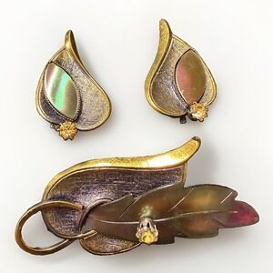 Vtg TRIAD Brooch & Clip On Earrings Set MOP Rhinestone Leaf Gold Tone 3pc Canada